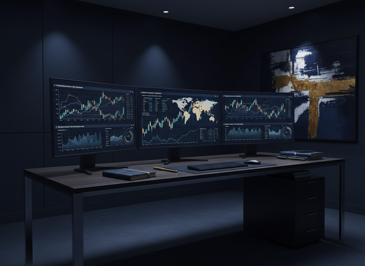 A professional financial research workspace with deep navy blue color tones (#002244). Dark navy background with subtle financial charts, data visualizations, and market graphs overlaid. Moody, sophisticated, high-contrast image with deep blue and midnight navy hues. Professional financial advisory atmosphere.