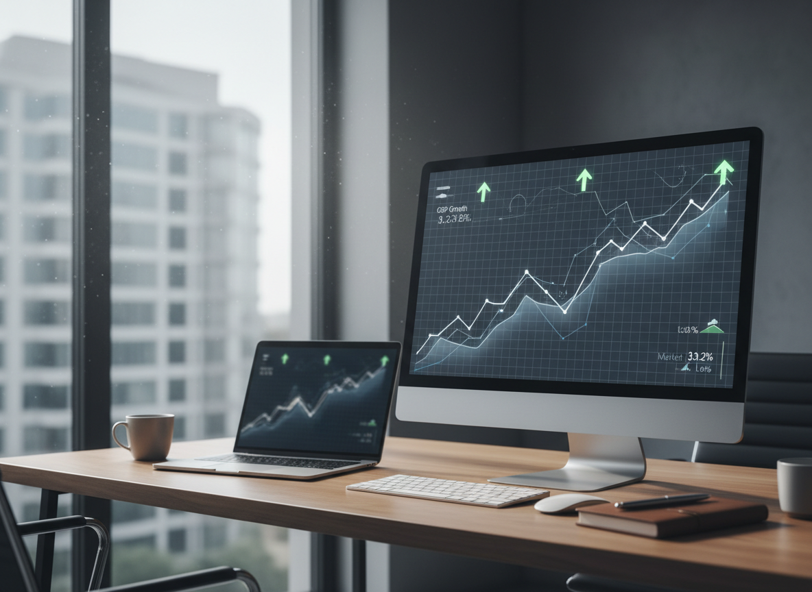 A modern professional workspace with financial market data visualizations on a screen, soft natural light, editorial financial-services aesthetic.